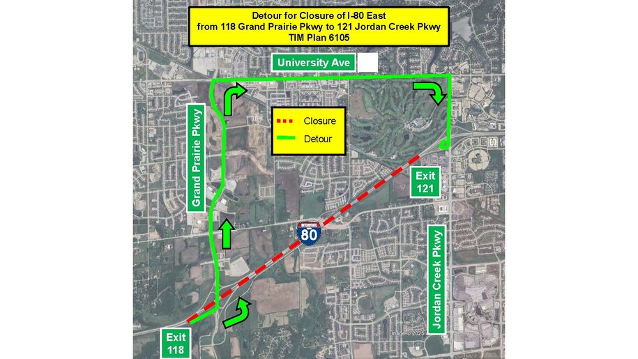 I80 Eastbound GPP to Jordan Creek Parkway detour map
