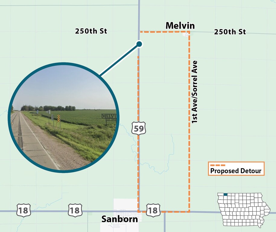 Map of project area and detour route as described in the text below.