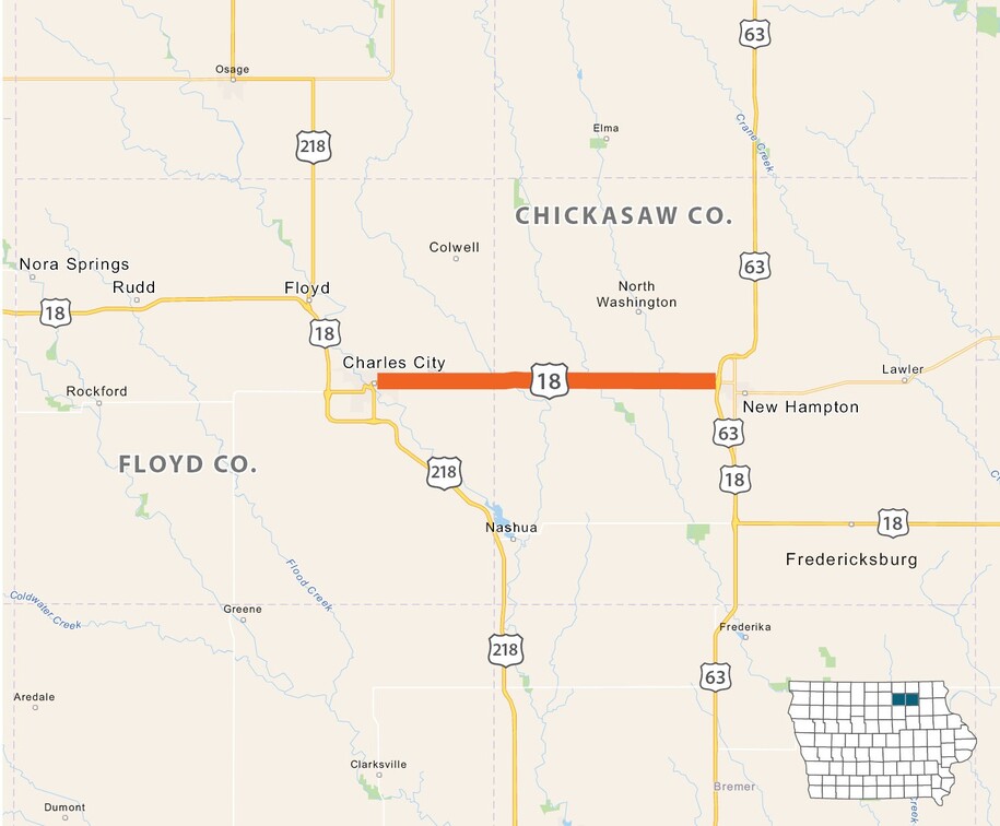 Map highlighting U.S. 18 in Floyd and Chickasaw counties
