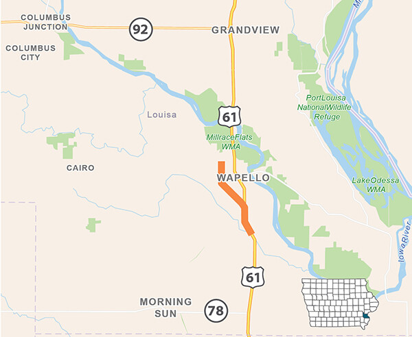 Project area map for U.S. 61 (Wapello Bypass)