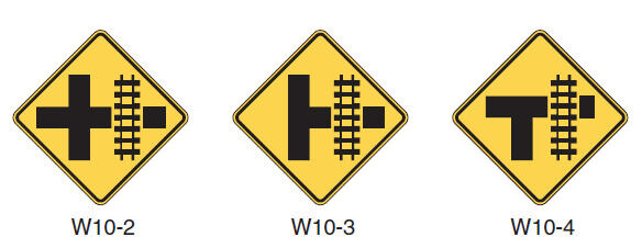 W10 series warning signs for grade crossing (2009 MUTCD).