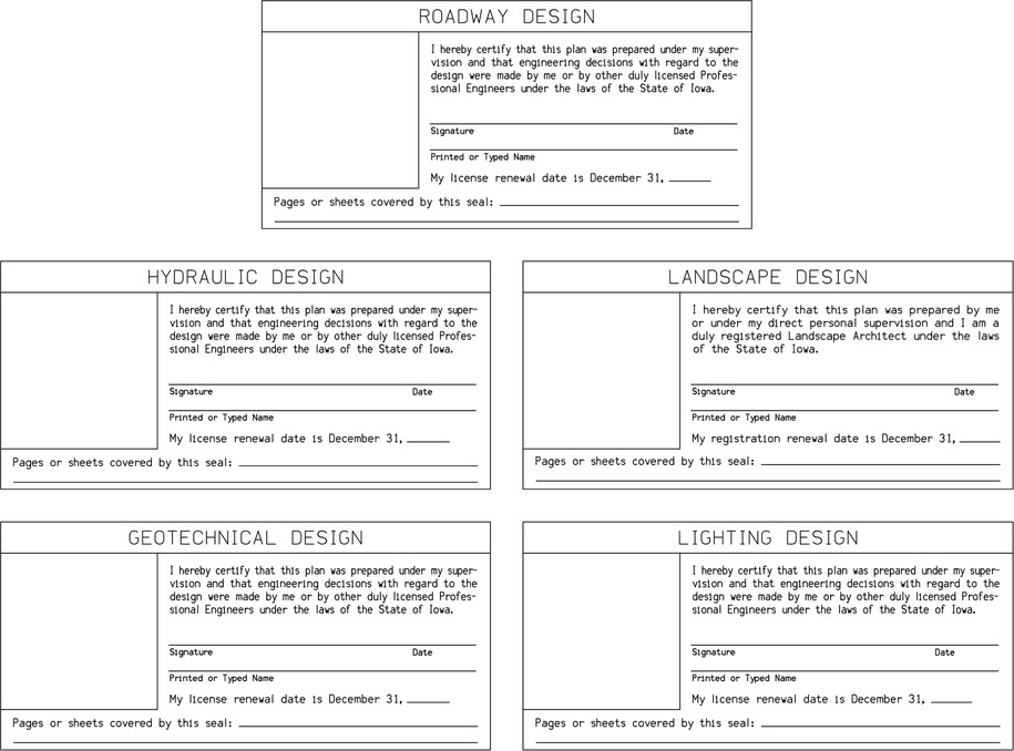 Figure 2:&nbsp;Separate signature blocks are used for parts of the plan designed under the direction of other licensed professionals.