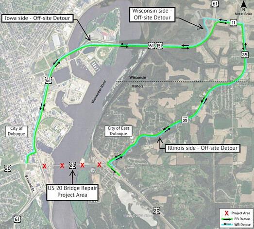 Detour map for the U.S. 20 Bridge (Julien Dubuque) over the Mississippi River in Dubuque construction. The detour is described above the image.