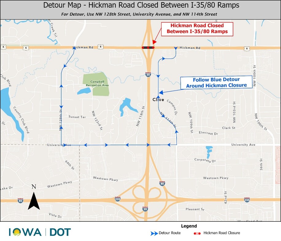 US 6 Hickman Road detour map