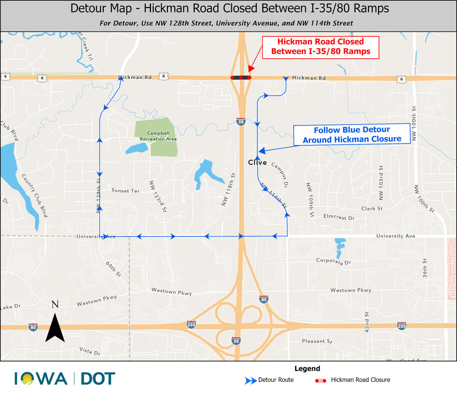 US 6 Hickman Rd closure detour map