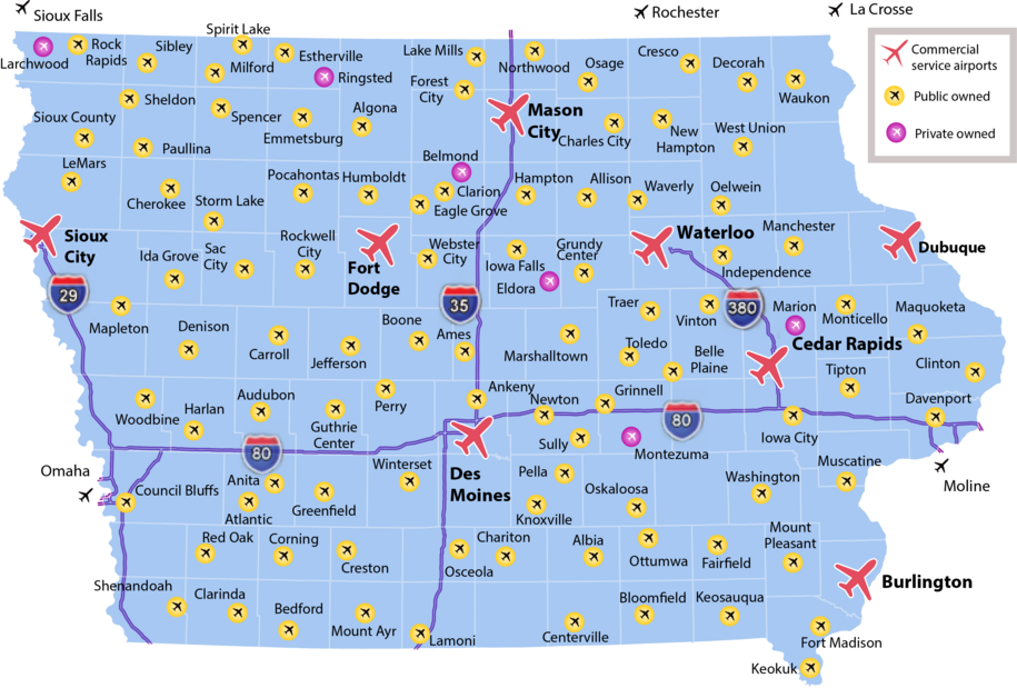 Map of airports owned in Iowa