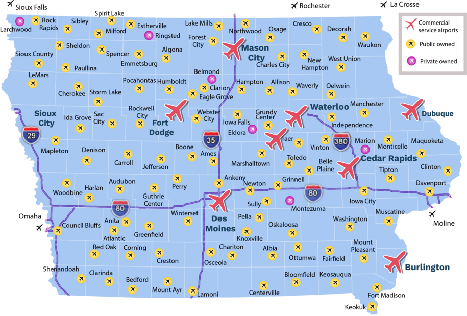 Map of airports in Iowa