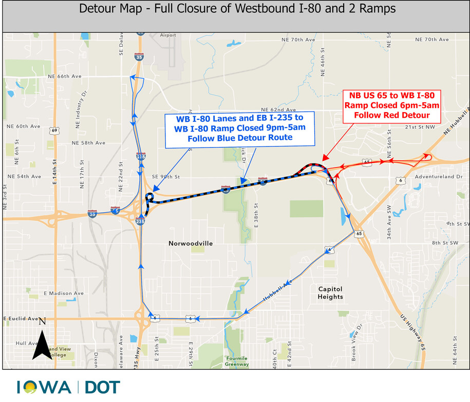 Detour map for I-80/U.S. 65 interchange in Altoona 