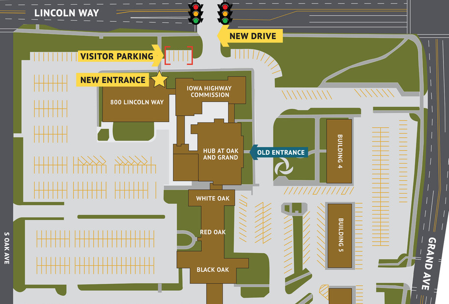 Iowa DOT headquarters map showing entrance of of Lincoln Way and visitor parking.