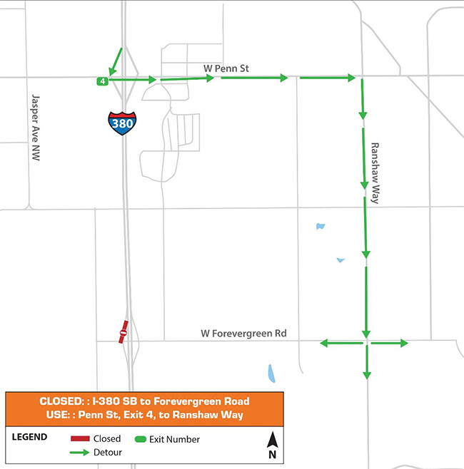 I-380 Southbound to Forevergreen Road Ramp Closure Detour