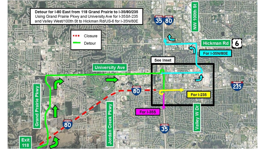 I-80 GPP I-35 I-80 I-235 detour map