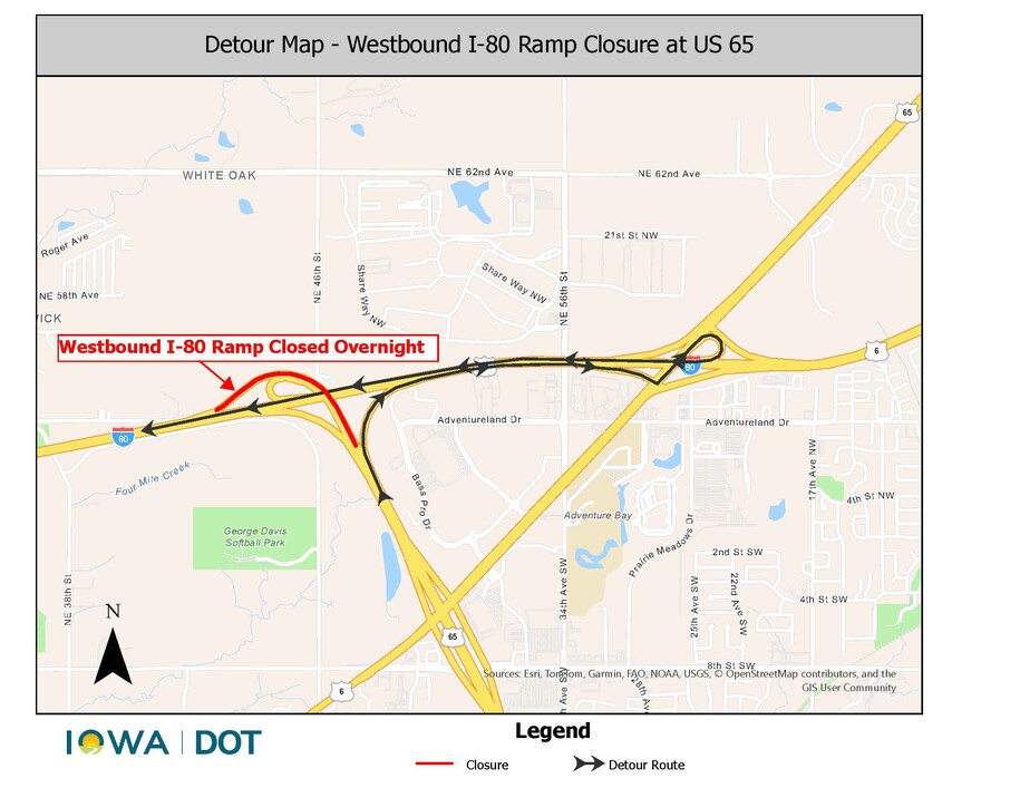 WB I-80 Ramp Overnight Closure at US 65 detour map