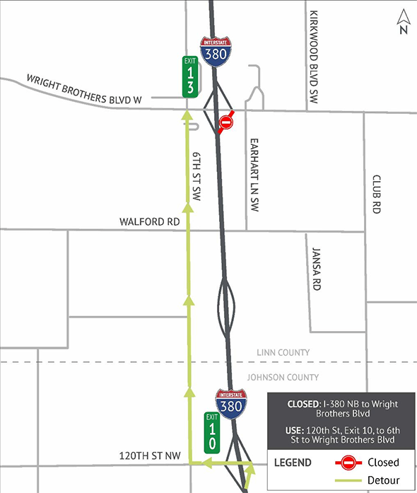 Map showing I-380 Northbound to Wright Brothers Boulevard Ramp Closure and Detour
