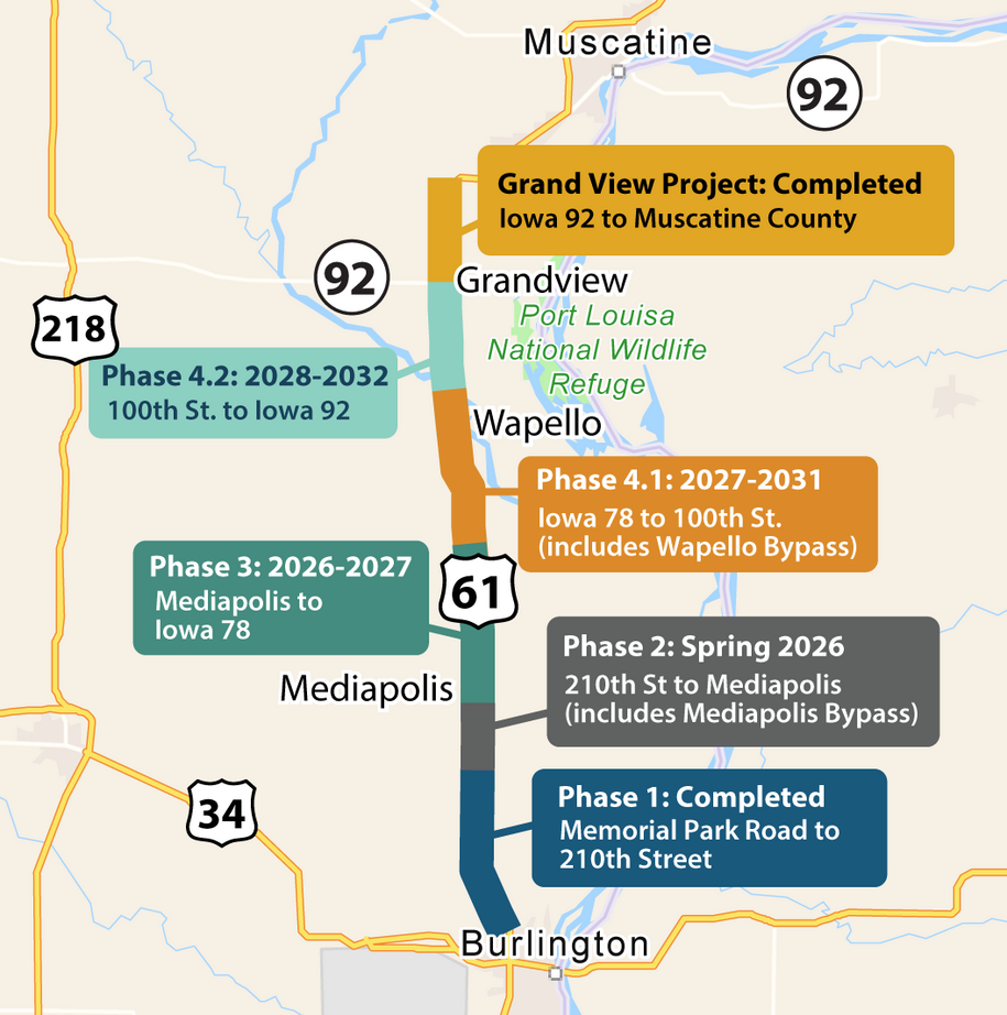 Map showing the location of each phase of the construction. The description for each location is included in the Project Schedule section.