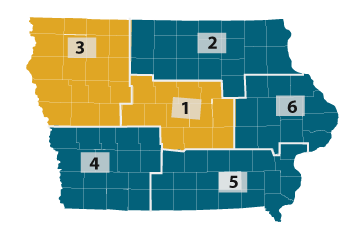 Map showing central and northwest Iowa representing Districts 1 and 3.