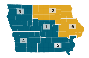 Map showing the northeast and eastern sections of Iowa forming districts 2 and 6