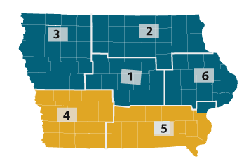 Map showing southeast and southwest Iowa representing districts 4 and 5.