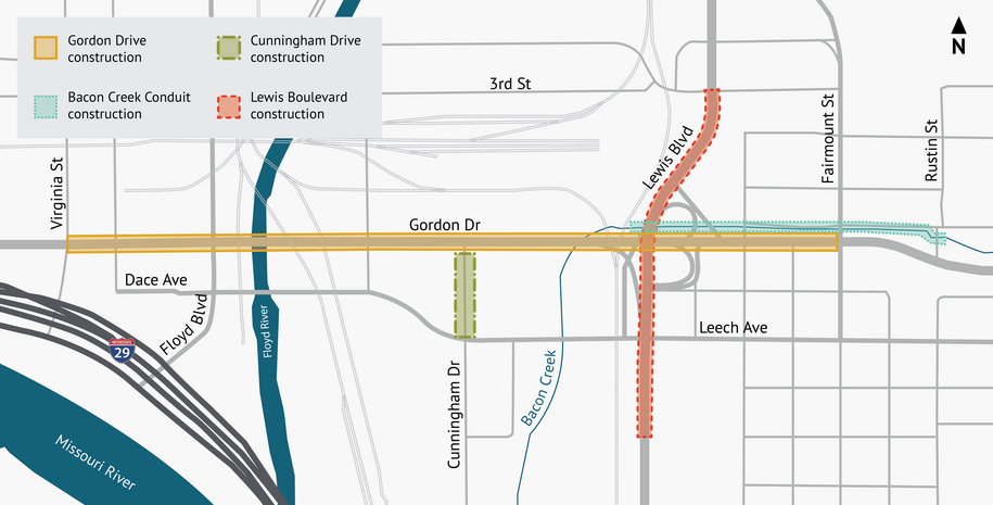Map showing the locations of the Gordon Drive Viaduct and Bacon Creek Conduit Reconstruction. Location information is included above the image.