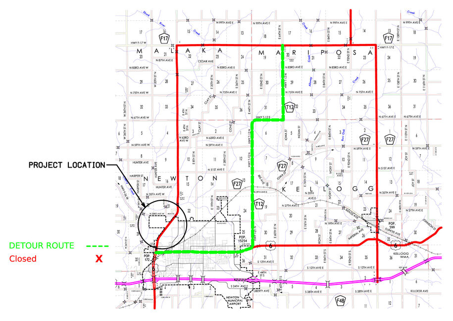 Detour map for construction on Iowa 14 in Newton. The text above describes the detour.