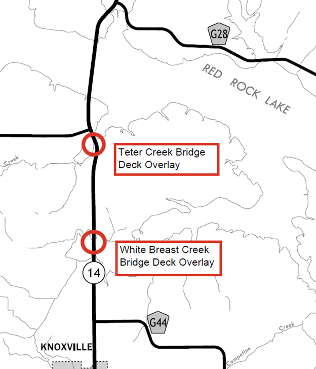 Map showing the location of the bridge over White Breast Creek and the bridge over Teter Creek