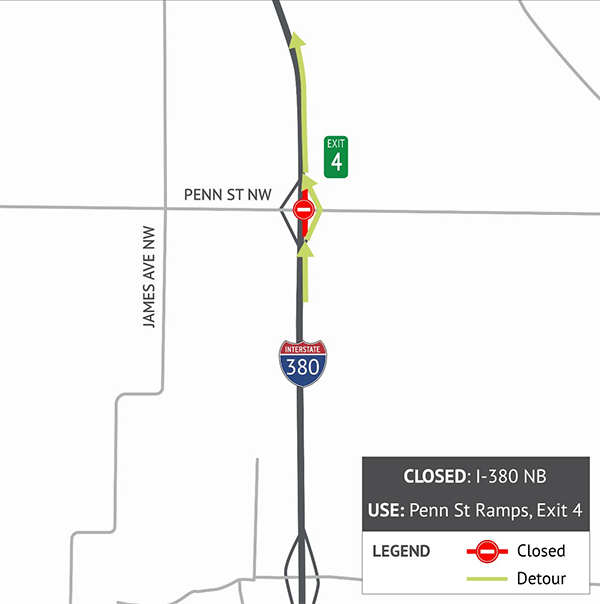 I-380 Northbound Lane Closure at Penn Street Detour Map
