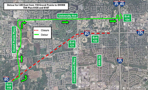 Eastbound I80 Grand Prairie Parkway to SW Mixmaster Detour Map