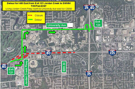 Eastbound I80 Jordan Creek Parkway to SW Mixmaster Detour Map