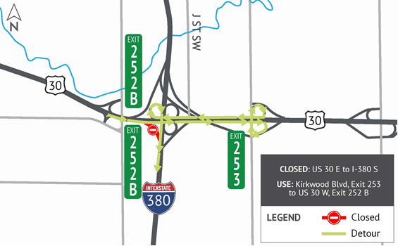 U.S. 30 Eastbound to I-380 Southbound Ramp Closure Detour Map