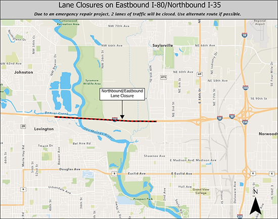 Map showing location of construction on eastbound I-80/Northbound I-35