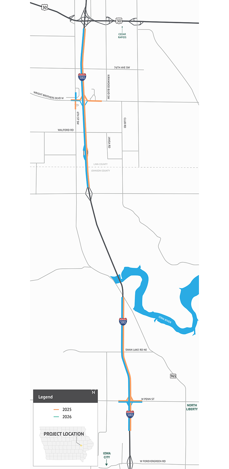 Project area map for the I-380 Wright Brothers Boulevard project.  See page text for construction zone details.