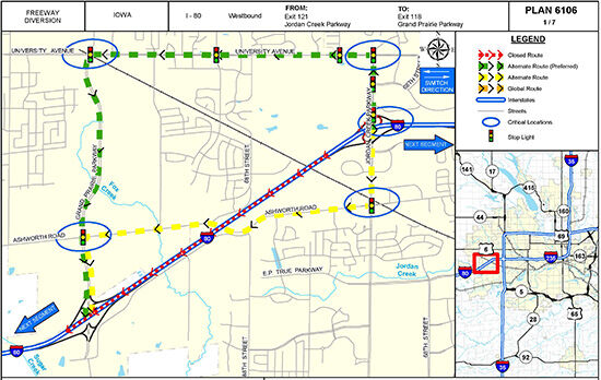 Westbound I-80 Jordan Creek Parkway to Grand Prairie Parkway detour map