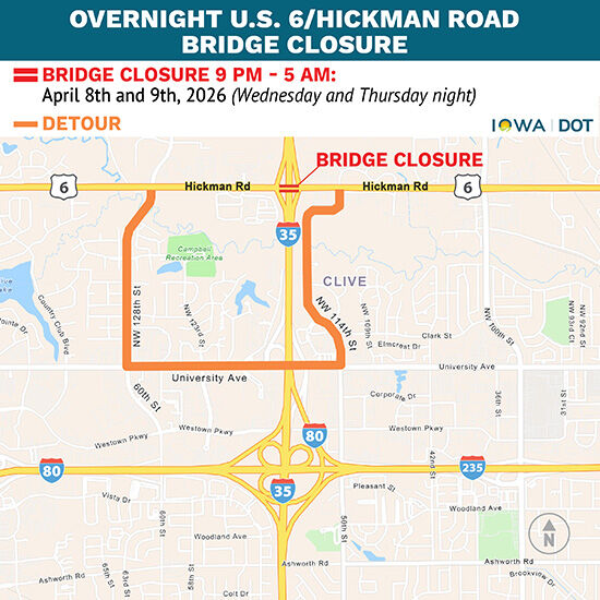 U.S. 6 Hickman Bridge Closure Detour Map