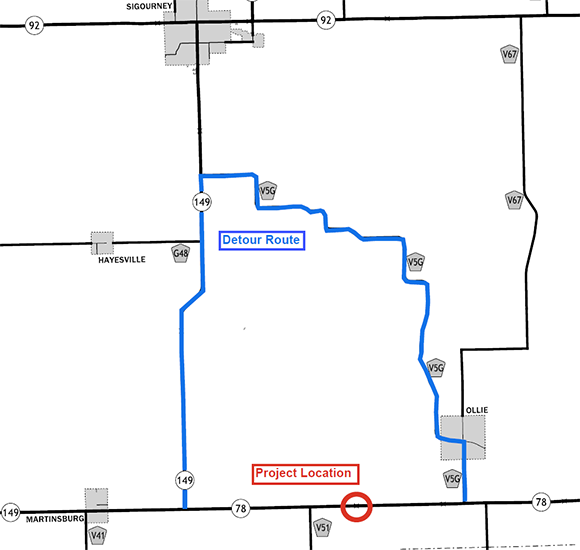 Detour map - The proposed detour would follow Iowa 149 and County Road V5G.