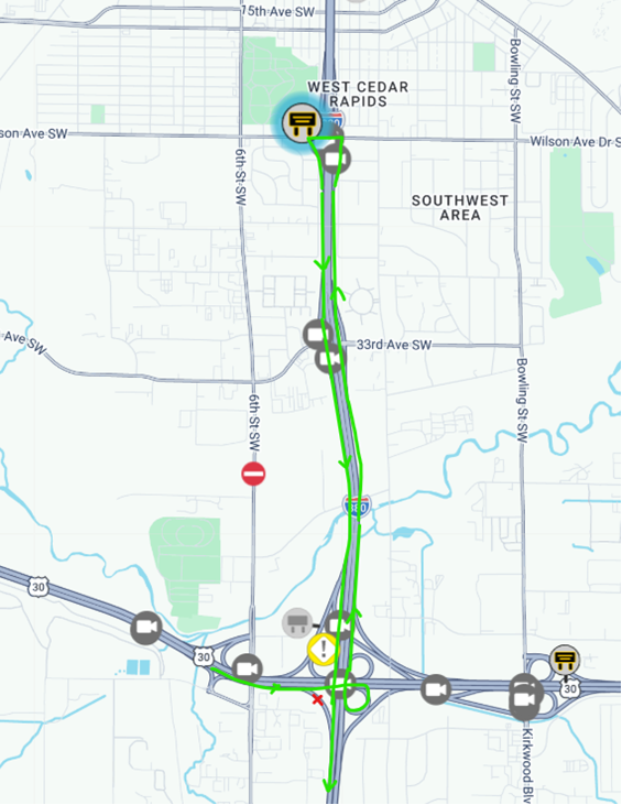 U.S. 30 Eastbound to I-380 Southbound Ramp Closure detour map  - detour details in text above