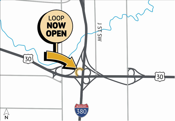 U.S. 30 Westbound to I-380 Southbound Loop map showing the location that is opening