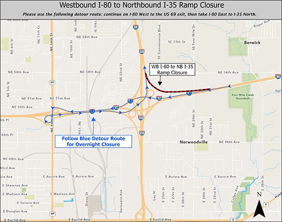 Westbound I80 to Northbound I35 ramp closure detour map