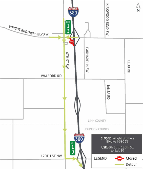 Wright Brothers Boulevard to I-380 Southbound Ramp Closure Detour Map - Detour described in text above 