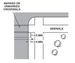 Diagram showing required placement of a pedestrian street crossing and curb ramp relative to a stop or yield sign, including a minimum 4‑foot distance from the sign to the crossing and a 2‑foot minimum between the curb ramp and the crossing.
