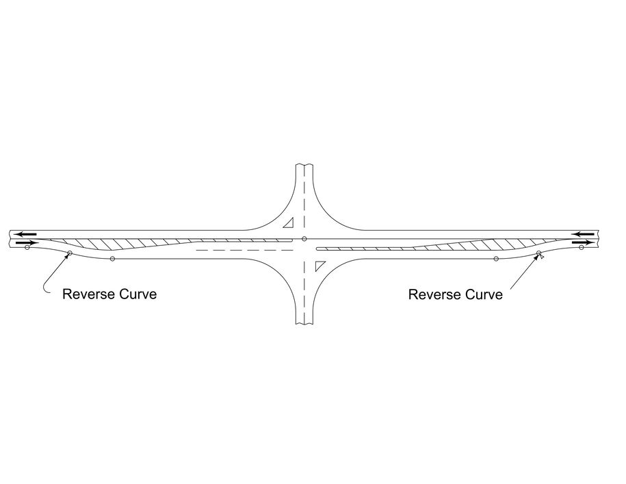 Reverse curves at a channelized intersection.