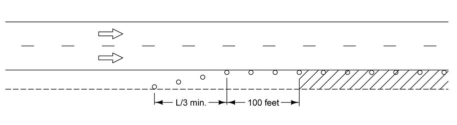 Diagram showing a shoulder taper with traffic shifting away from a closed shoulder, with minimum length labeled L/3 and a 100‑foot section noted.
