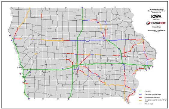 Map of Iowa showing freeway, expressway, and arterial corridors identified in the Traffic Critical Projects Program, with various routes highlighted in different colors.