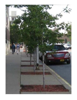 Photo of a sidewalk where poles and signs are aligned along one side, leaving a clear, unobstructed pedestrian access route.