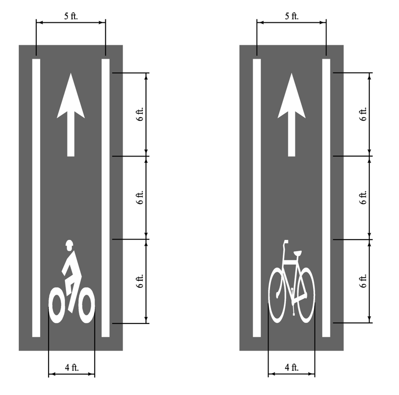 Two examples of bicycle lane markings showing a directional arrow above a bicycle symbol within a 5‑foot‑wide lane.