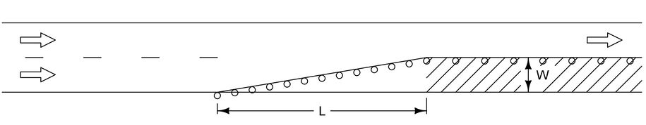 Diagram showing two lanes merging into one over a taper length L with the closed‑lane width labeled W.
