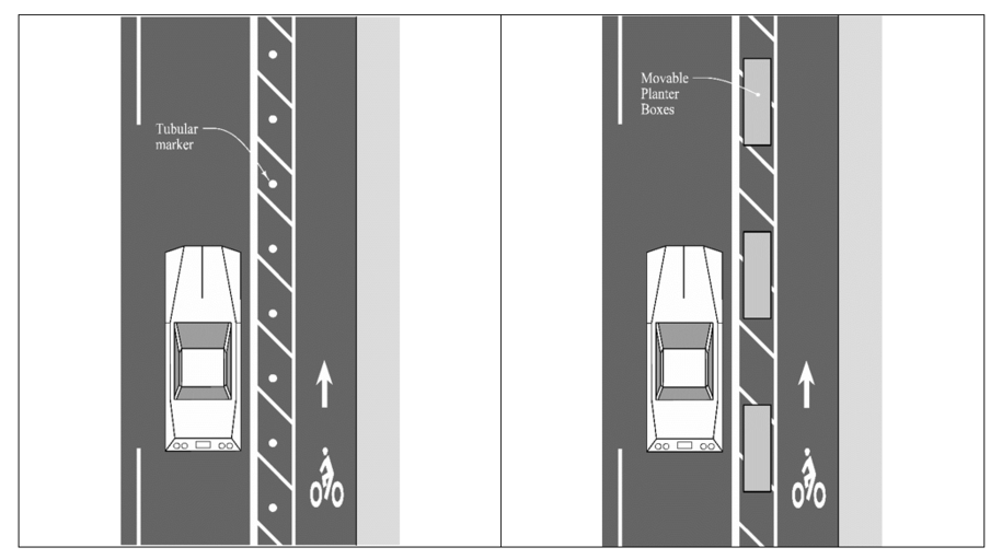 Two examples of separated bicycle lanes showing a bike lane divided from traffic by tubular markers in one layout and by planter boxes in another.