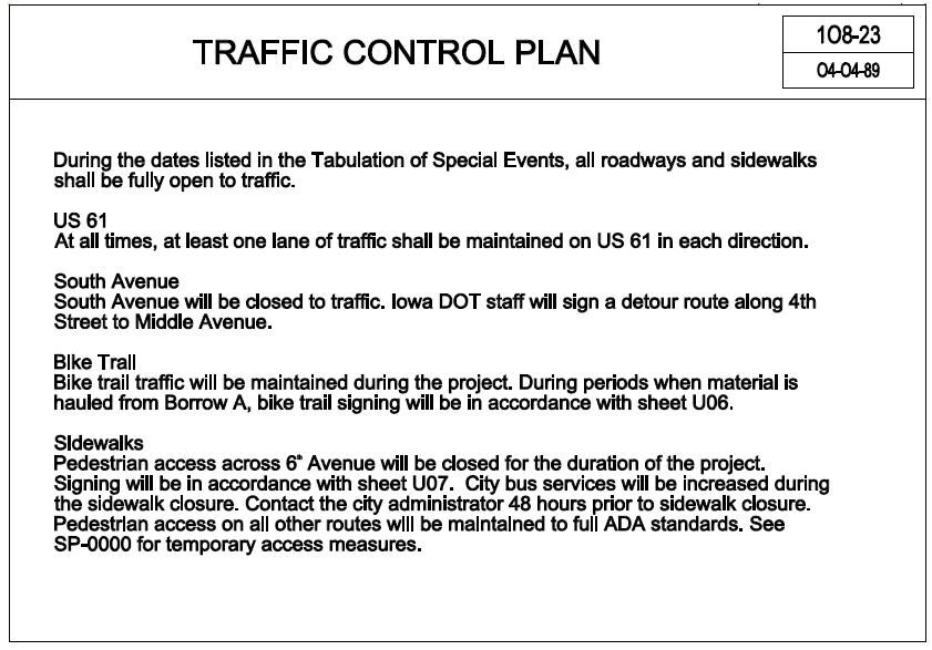 Sample Traffic Control Plan Tabulation showing notes on lane maintenance, road closures, bike trail access, and pedestrian detours during construction.