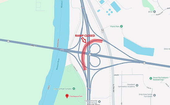 US20 US75 to SB I29 ramp closure map