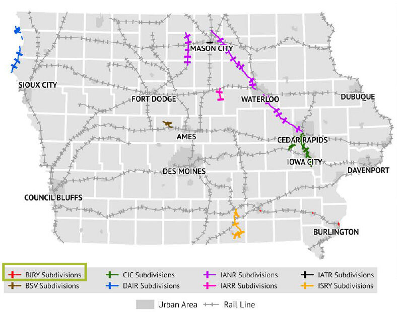 Map shows the location of all Class III railroads operating in Iowa. Burlington Junction Railway operates in Iowa and Illinois. Within Iowa, the company operates switching tracks in Burlington, Le Mars, Mount Pleasant, and Ottumwa. 