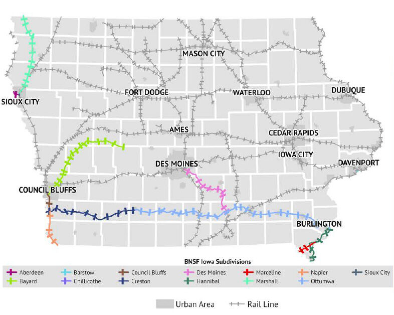 MBNSF Railway provides service across the western two thirds of the United States. Service in Iowa includes operation on the Aberdeen, Bayard, Barstow, Chillicothe, Council Bluffs, Creston, Des Moines, Hannibal, Marceline, Marshall, Napier, Ottumwa, and Sioux City subdivisions in the southern and western portions of the state. 
