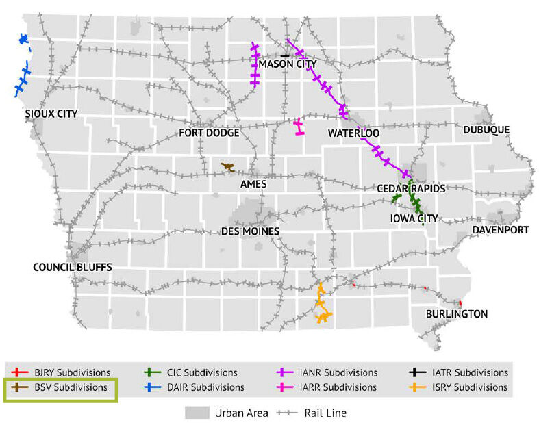 Map shows the location of all Class III railroads operating in Iowa. Boone & Scenic Valley Railroad operates completely within Boone County, Iowa on the Boone subdivision. 